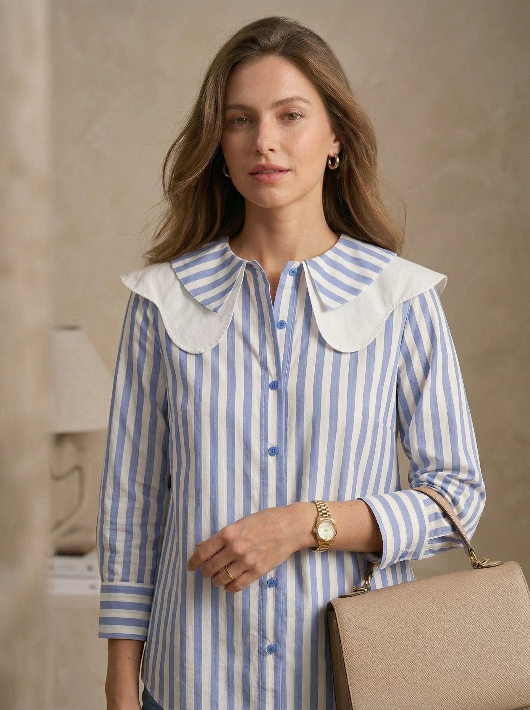 Elegant Blue Striped Collar Shirt