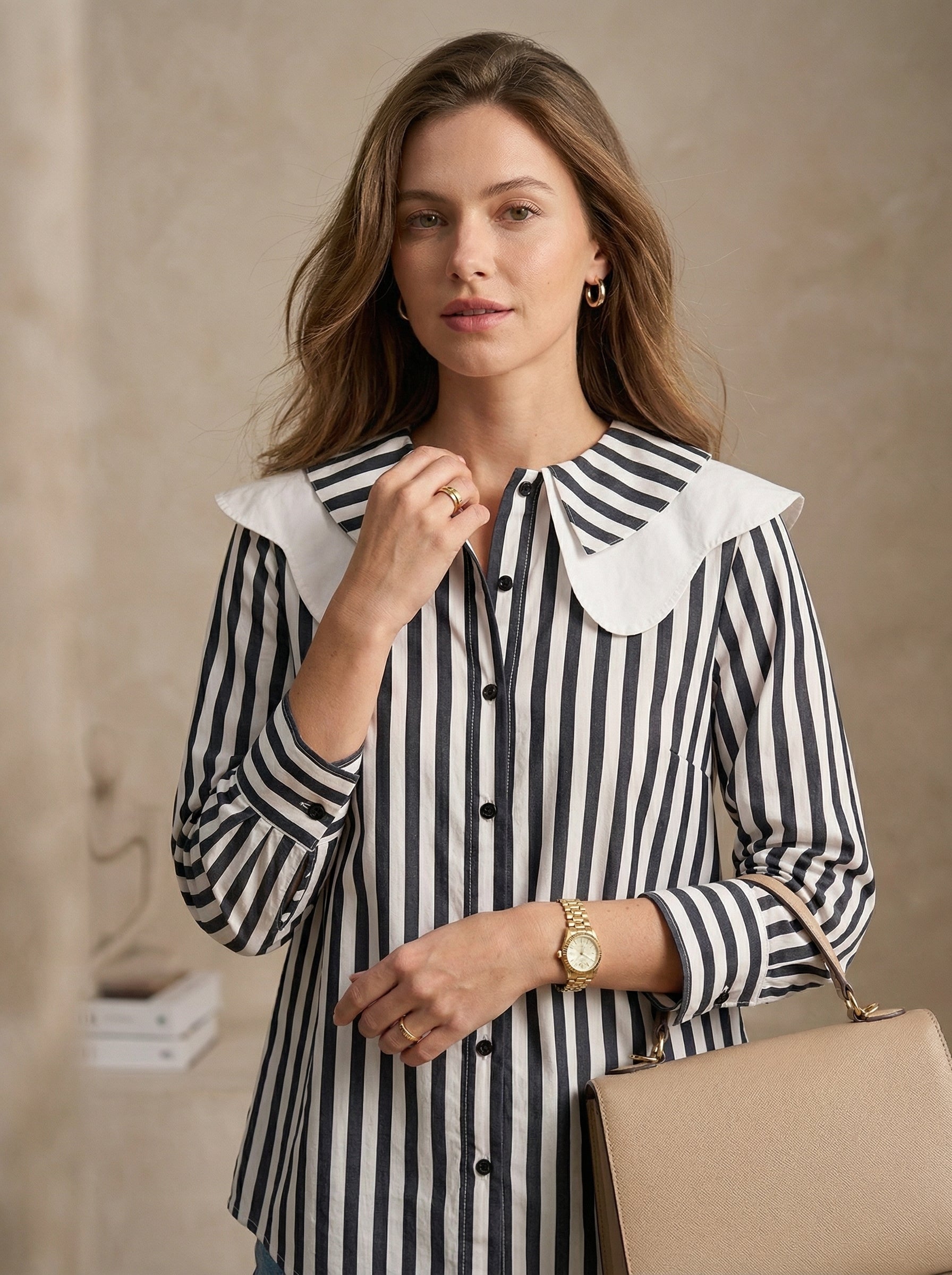 Elegant Black Striped Collar Shirt