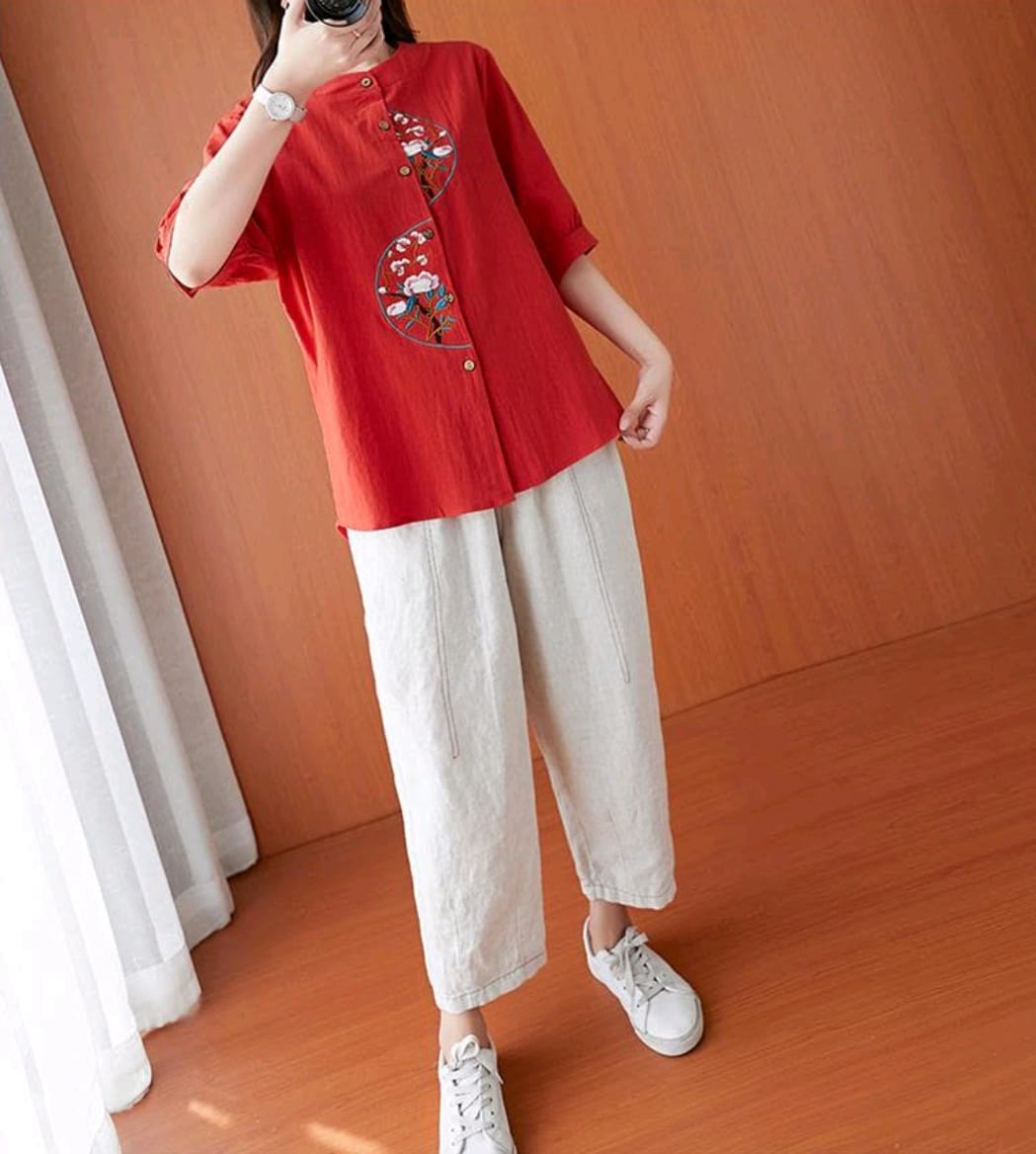 Rust Bloom Embroidered Cotton Top