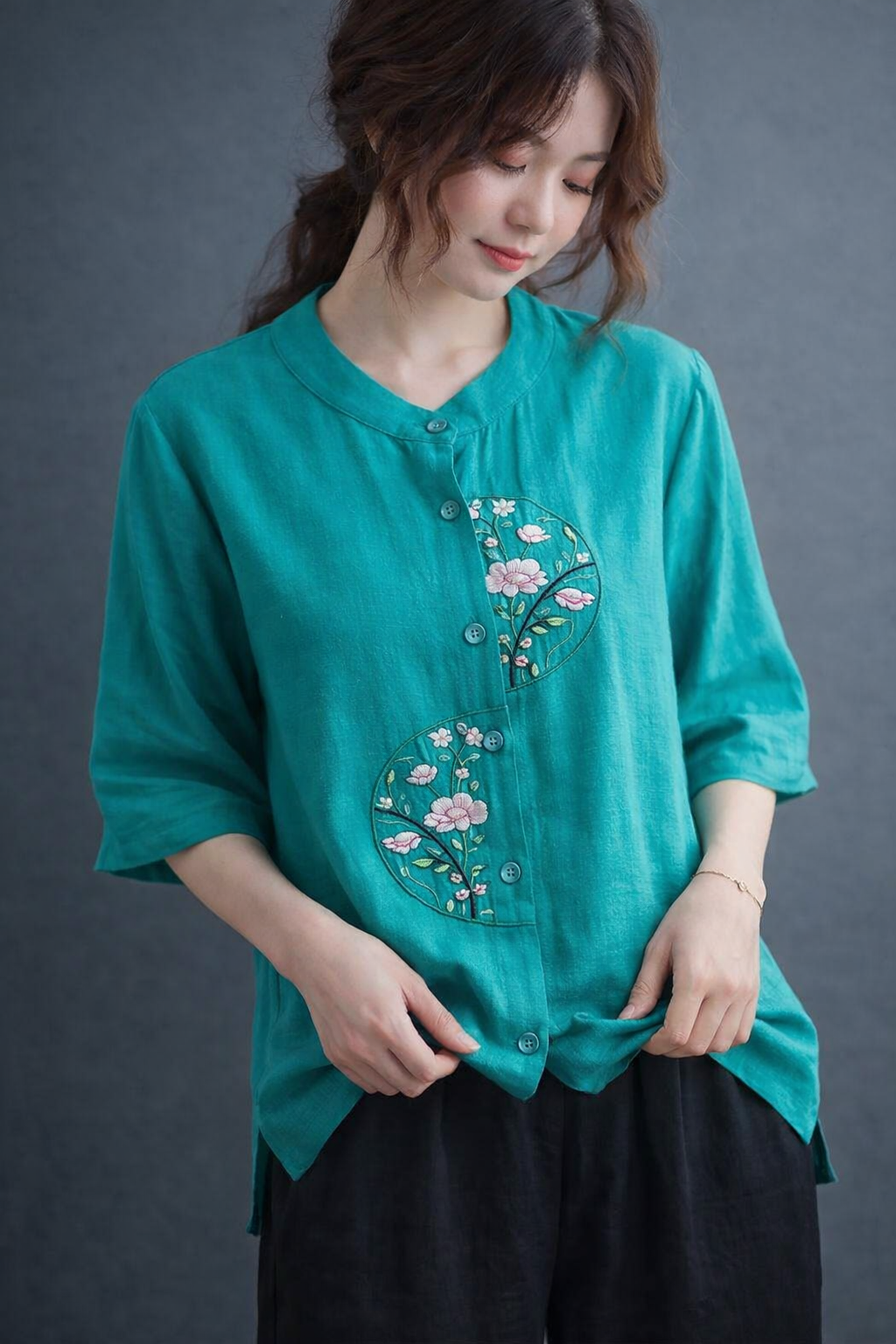 Aqua Bloom Embroidered Cotton Top
