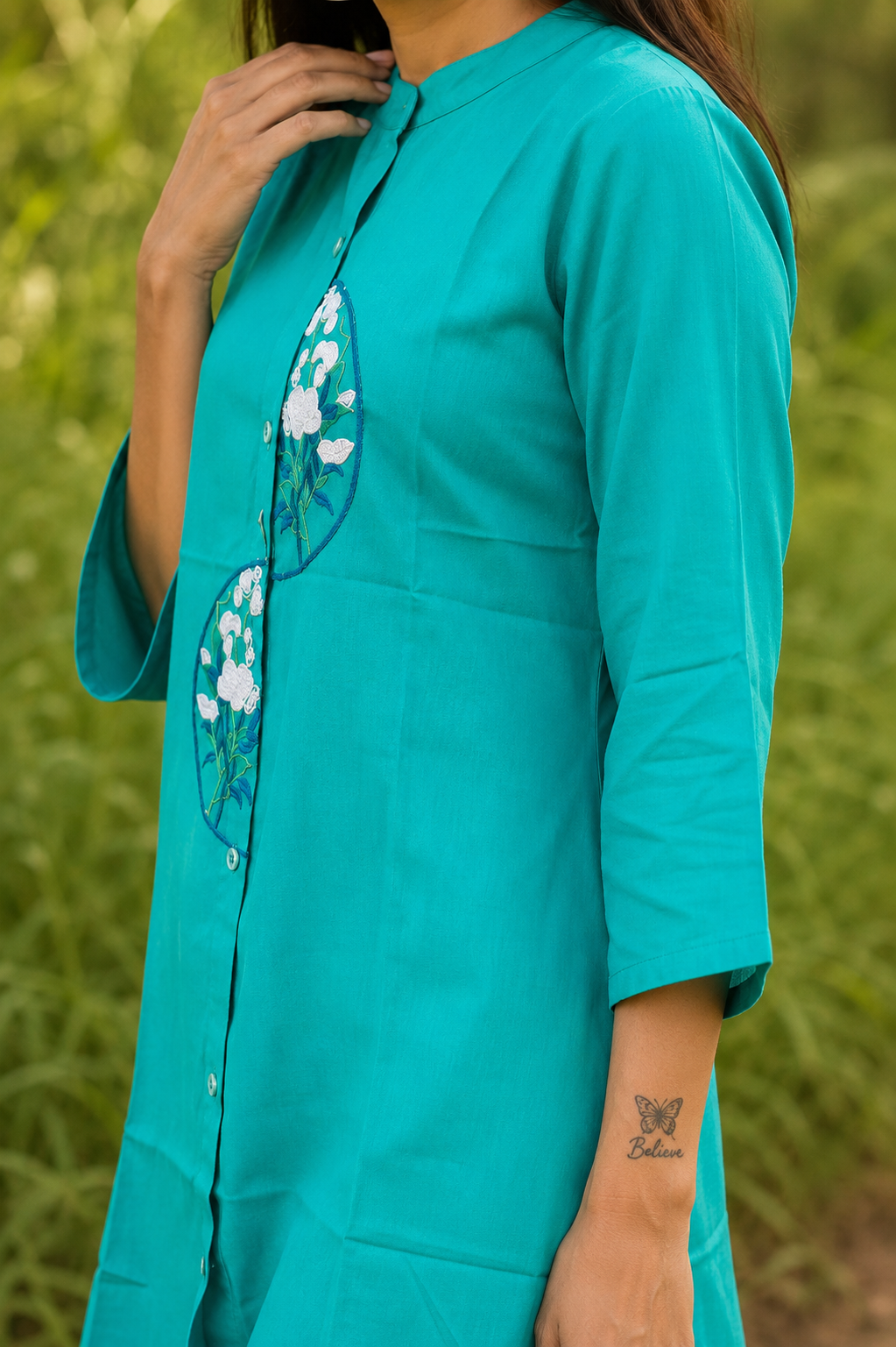 Aqua Bloom Embroidered Cotton Top