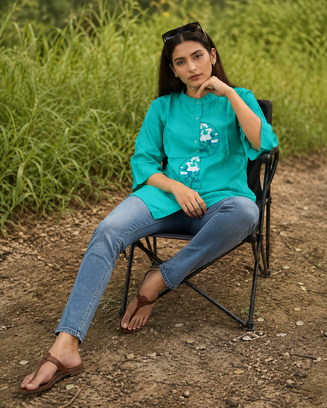 Aqua Bloom Embroidered Cotton Top