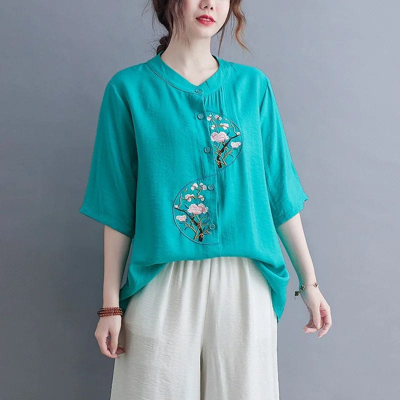 Aqua Bloom Embroidered Cotton Top