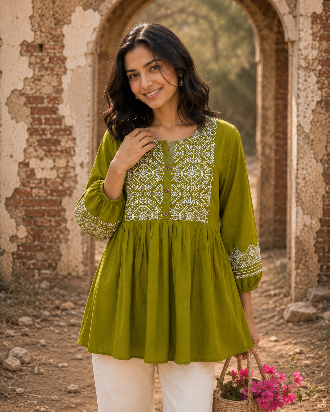 Olive Heritage Embroidery Tunic Top