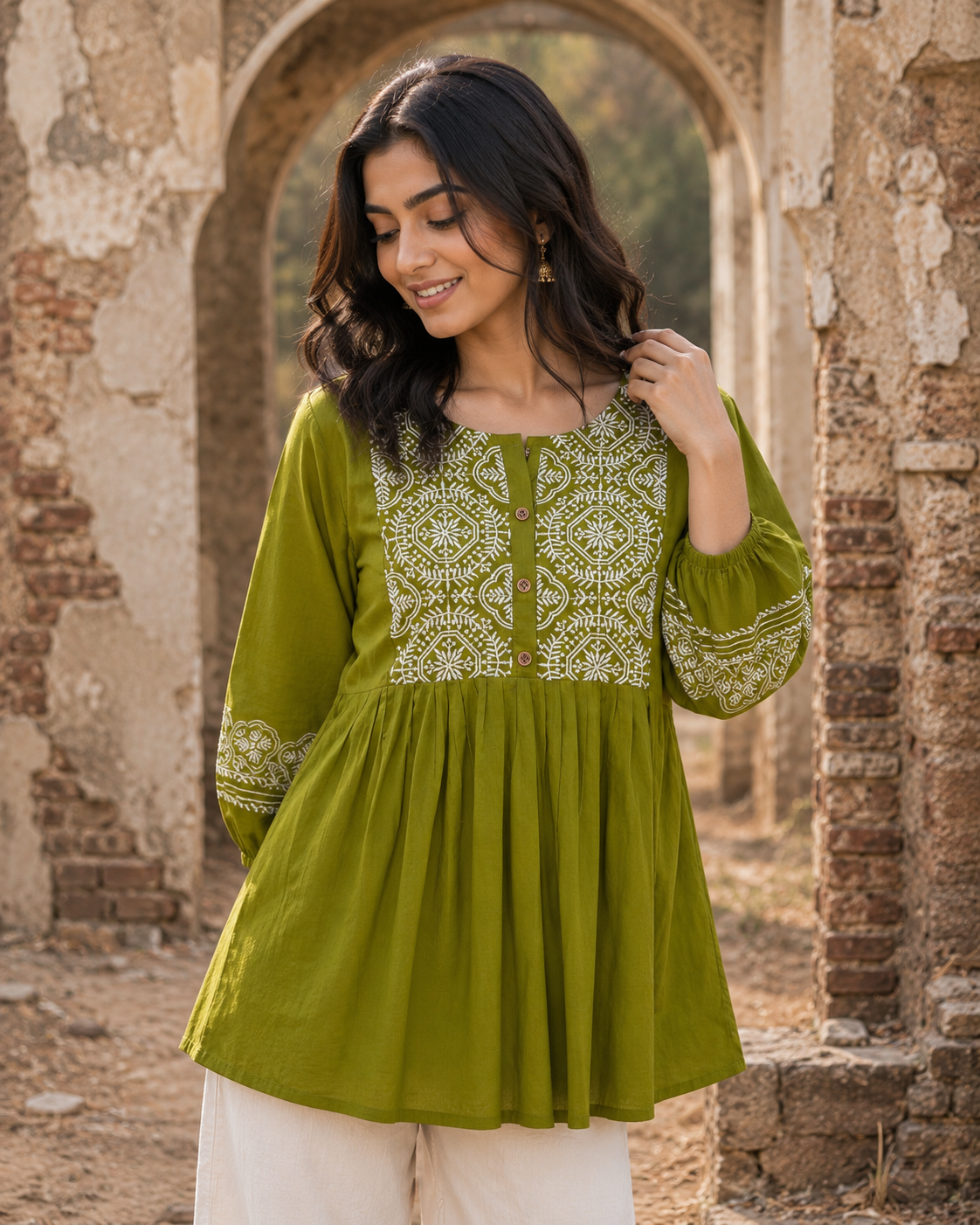 Olive Heritage Embroidery Tunic Top