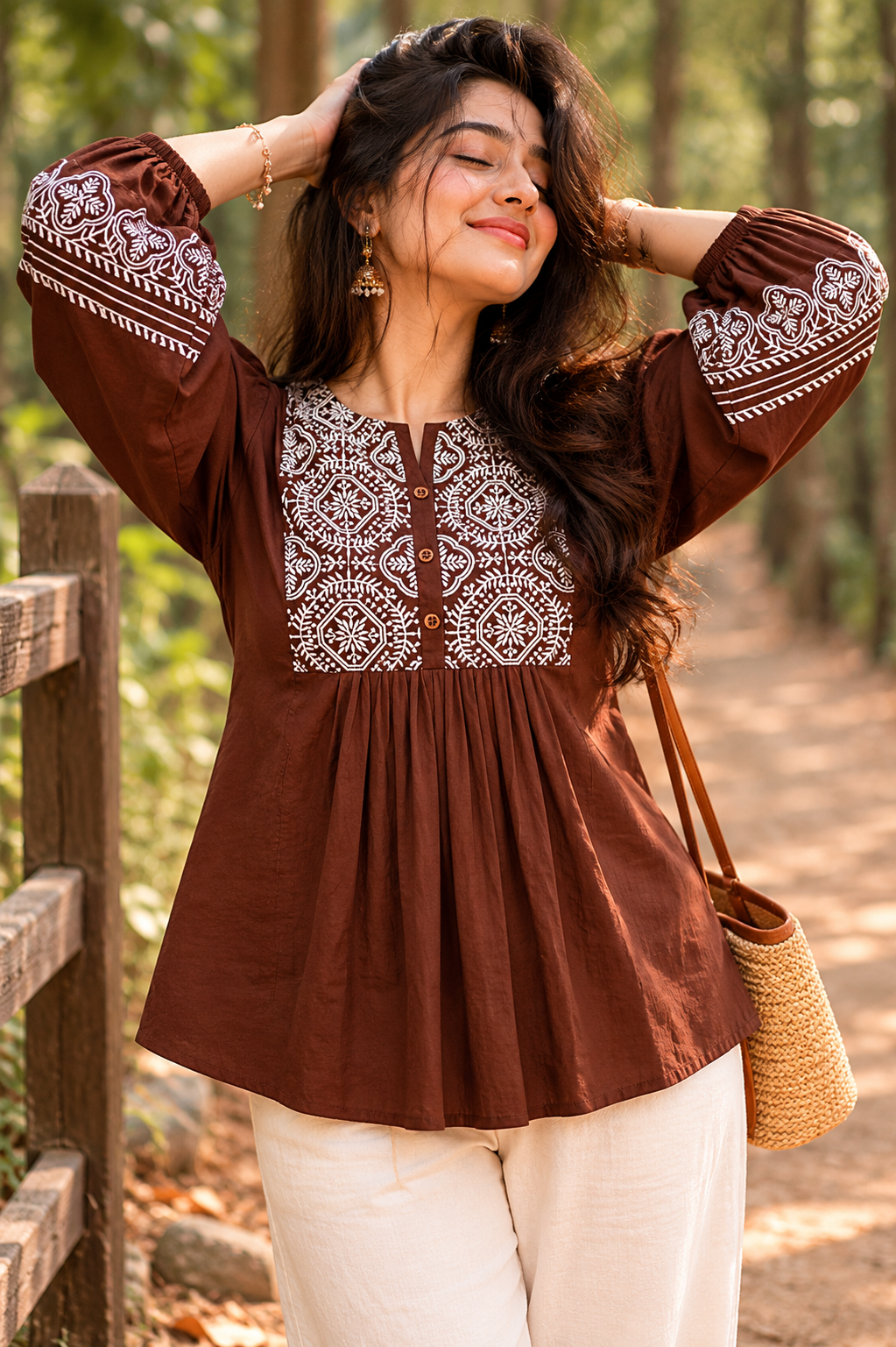 Mocha Heritage Embroidery Tunic Top