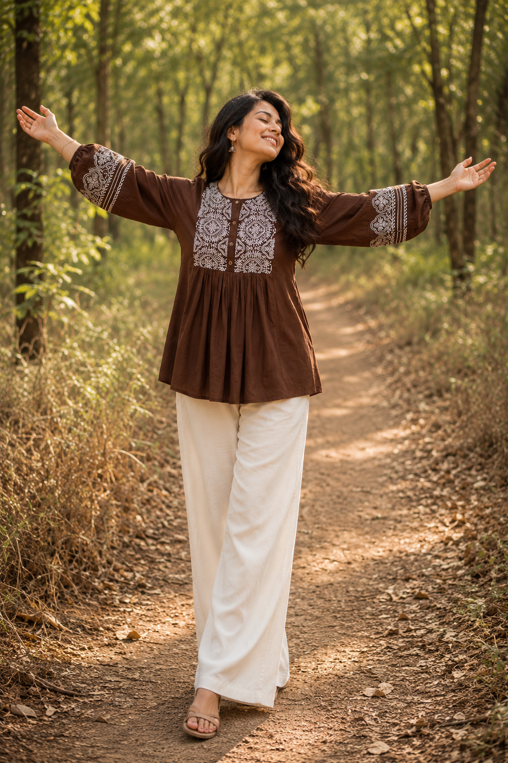 Mocha Heritage Embroidery Tunic Top