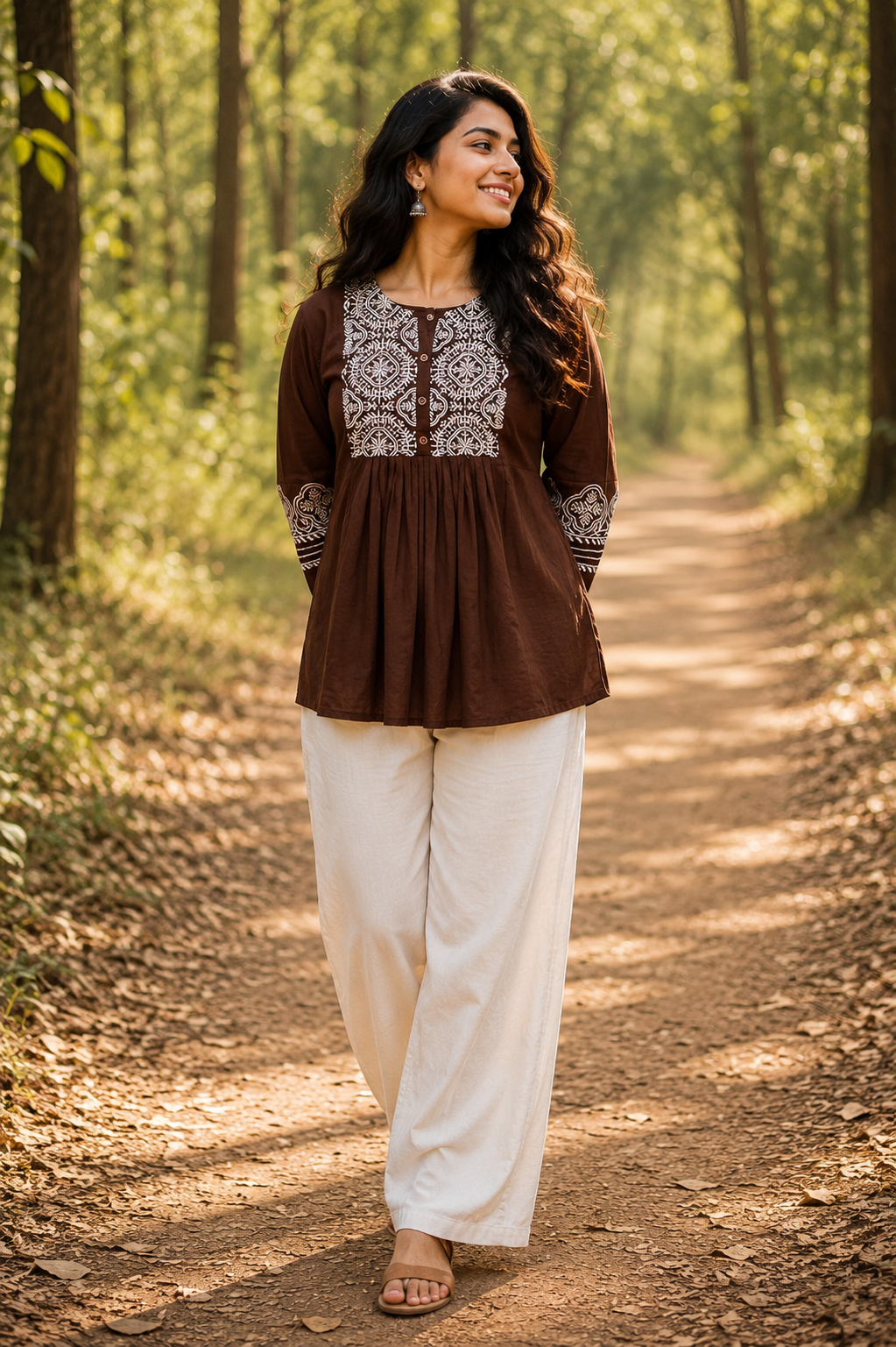 Mocha Heritage Embroidery Tunic Top