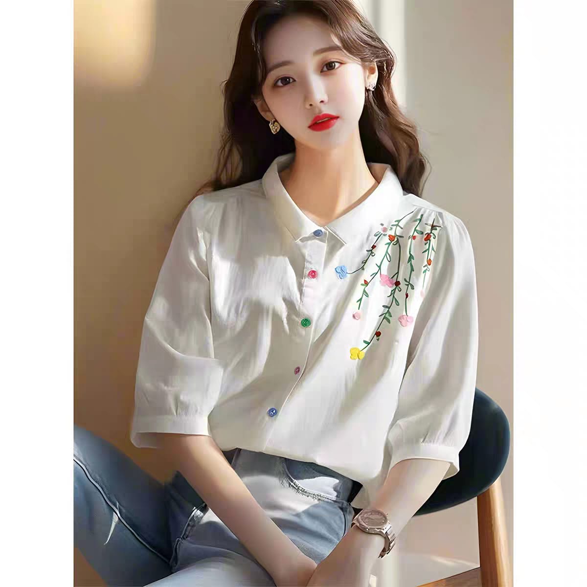 Meadow Mist Shirt Playful Elegance in Pastel Stitches