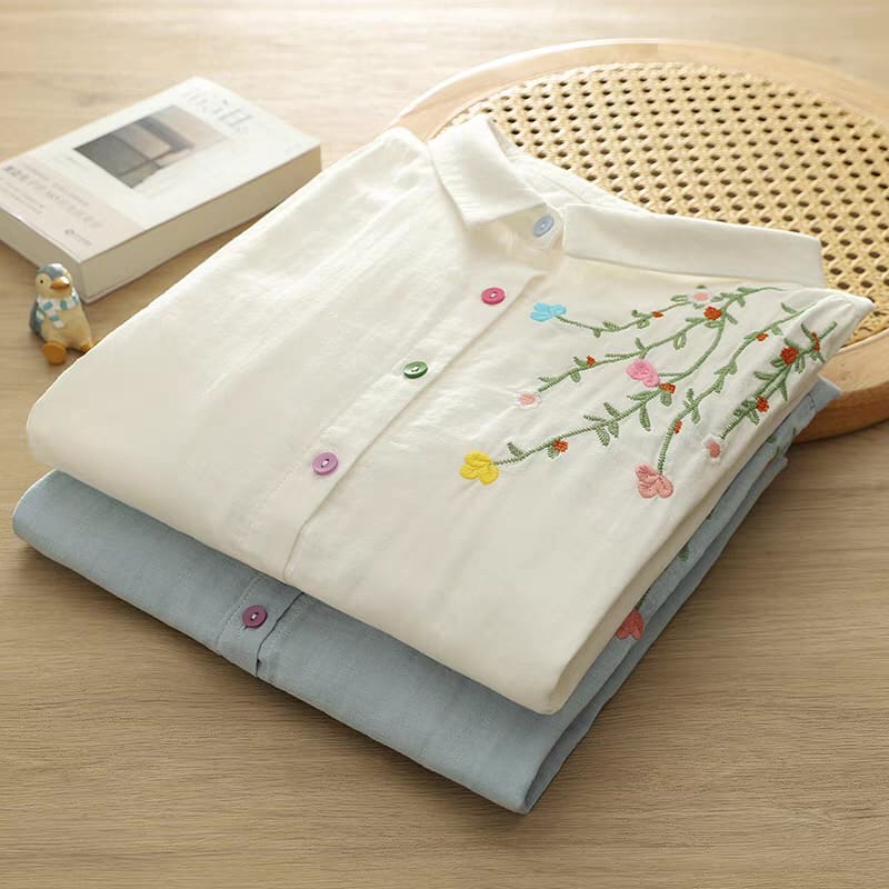 Meadow Mist Shirt Playful Elegance in Pastel Stitches