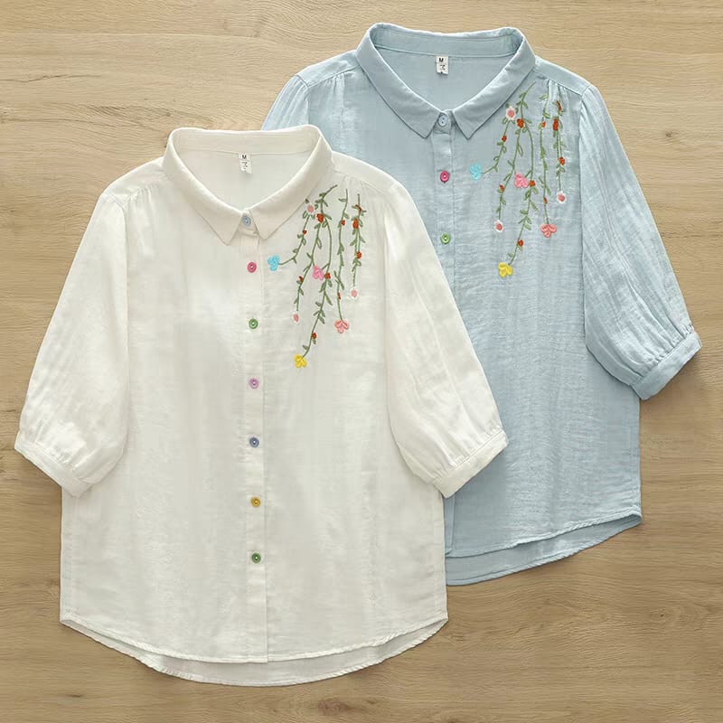 Meadow Mist Shirt Playful Elegance in Pastel Stitches