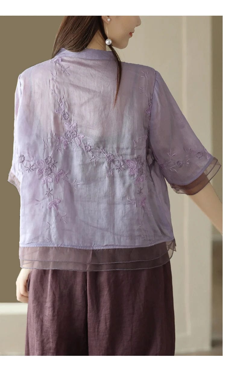 Lilac Breeze Embroidered Organza-Layered Top