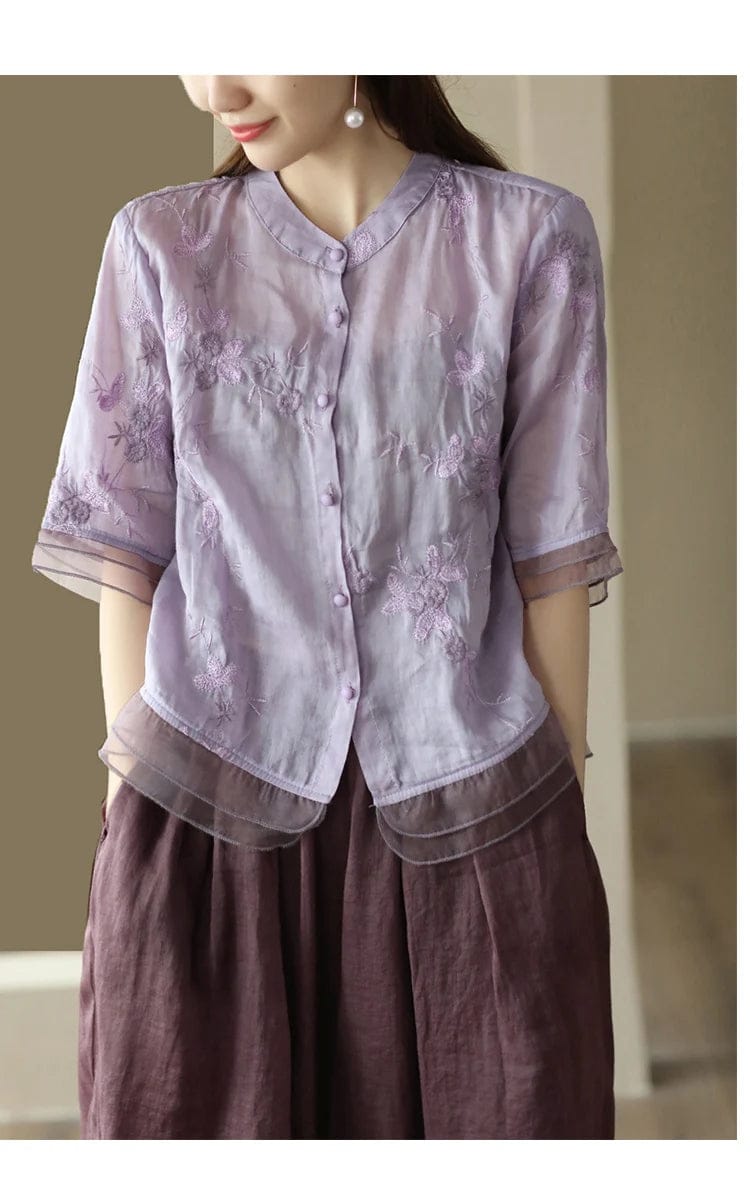 Lilac Breeze Embroidered Organza-Layered Top