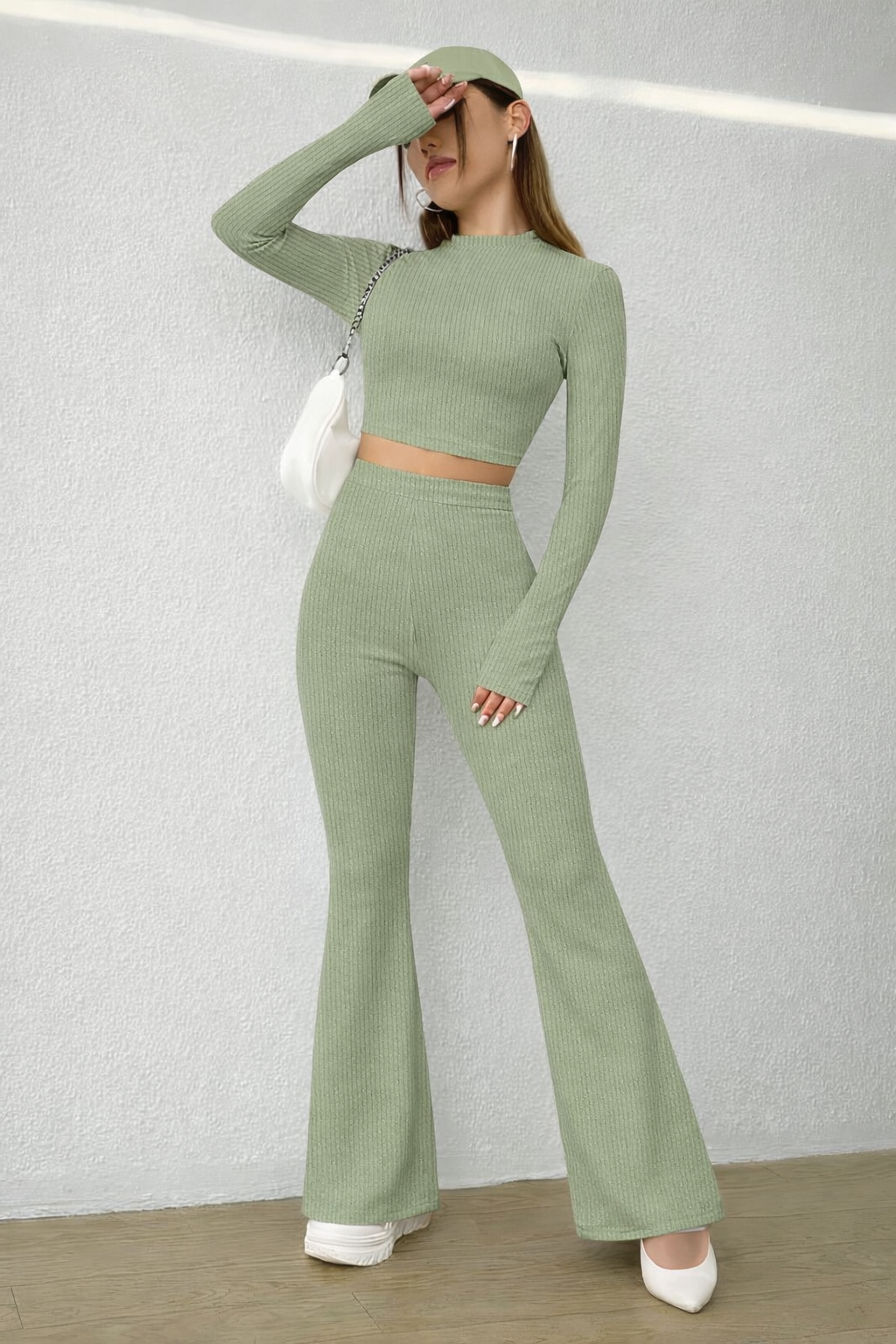 Sage Ribbed Flare Co-Ord Set – Minimal Luxe Edition