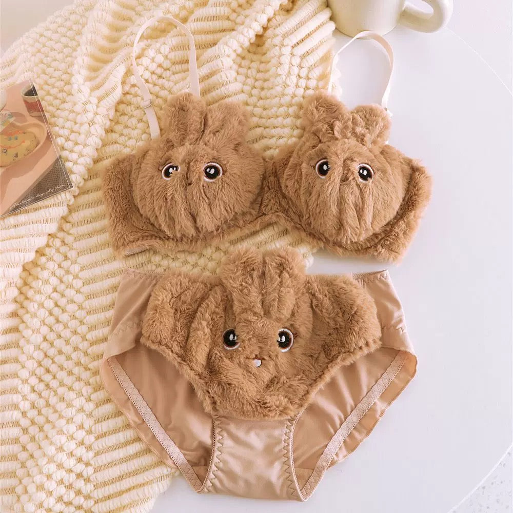 Fluffy Bunny Plush Lingerie Brown Set
