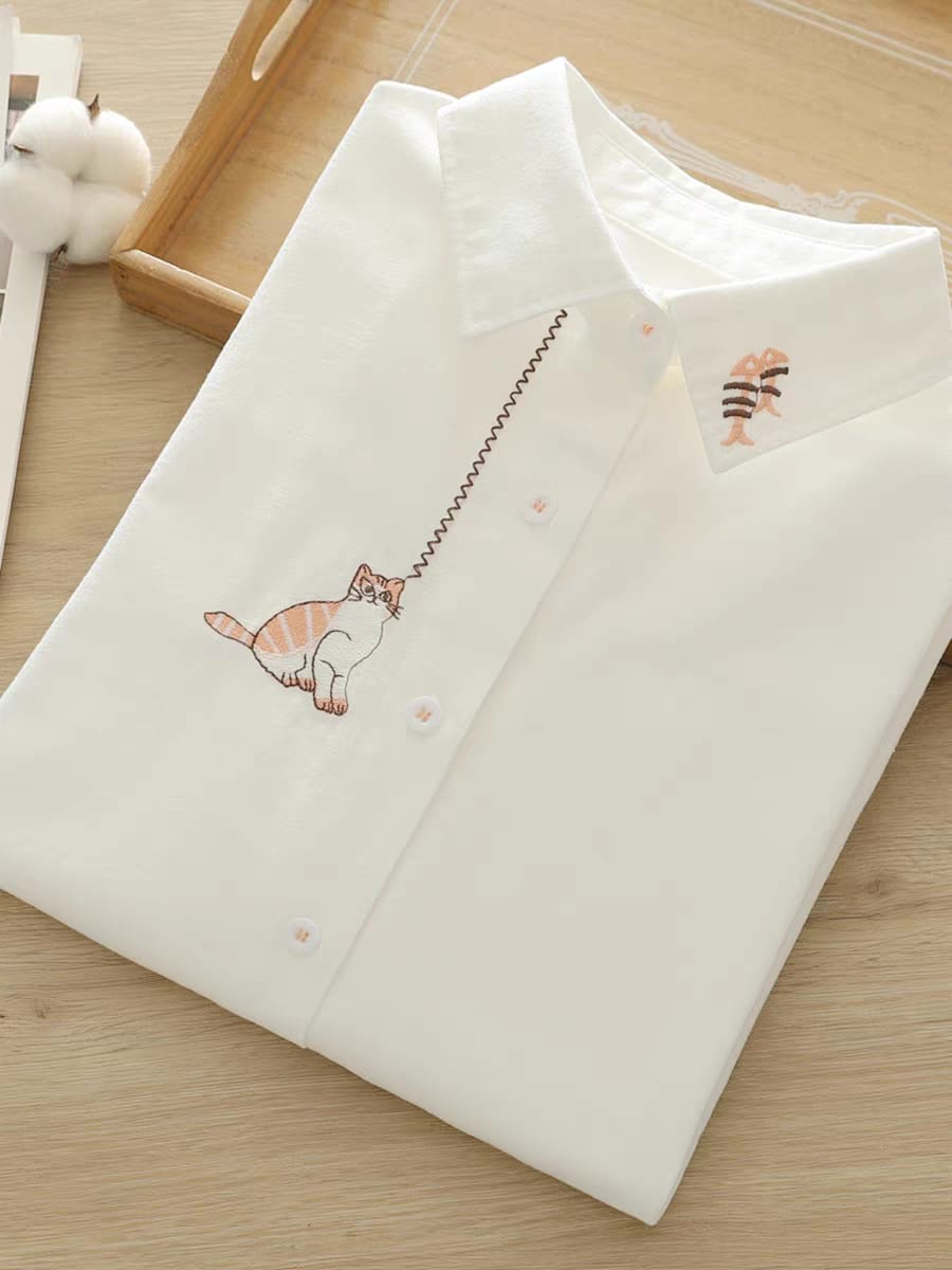 Whiskered Mischief Embroidered Cat Shirt
