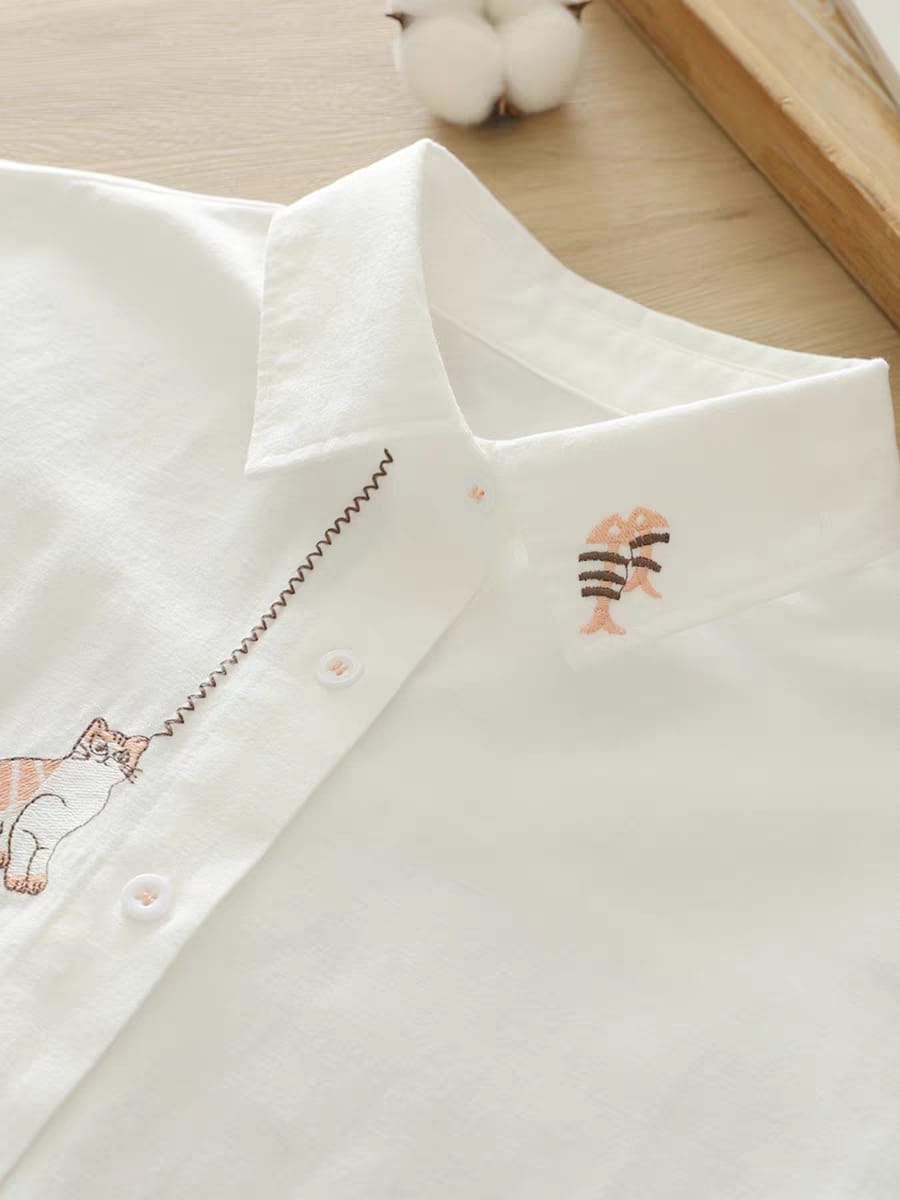 Whiskered Mischief Embroidered Cat Shirt