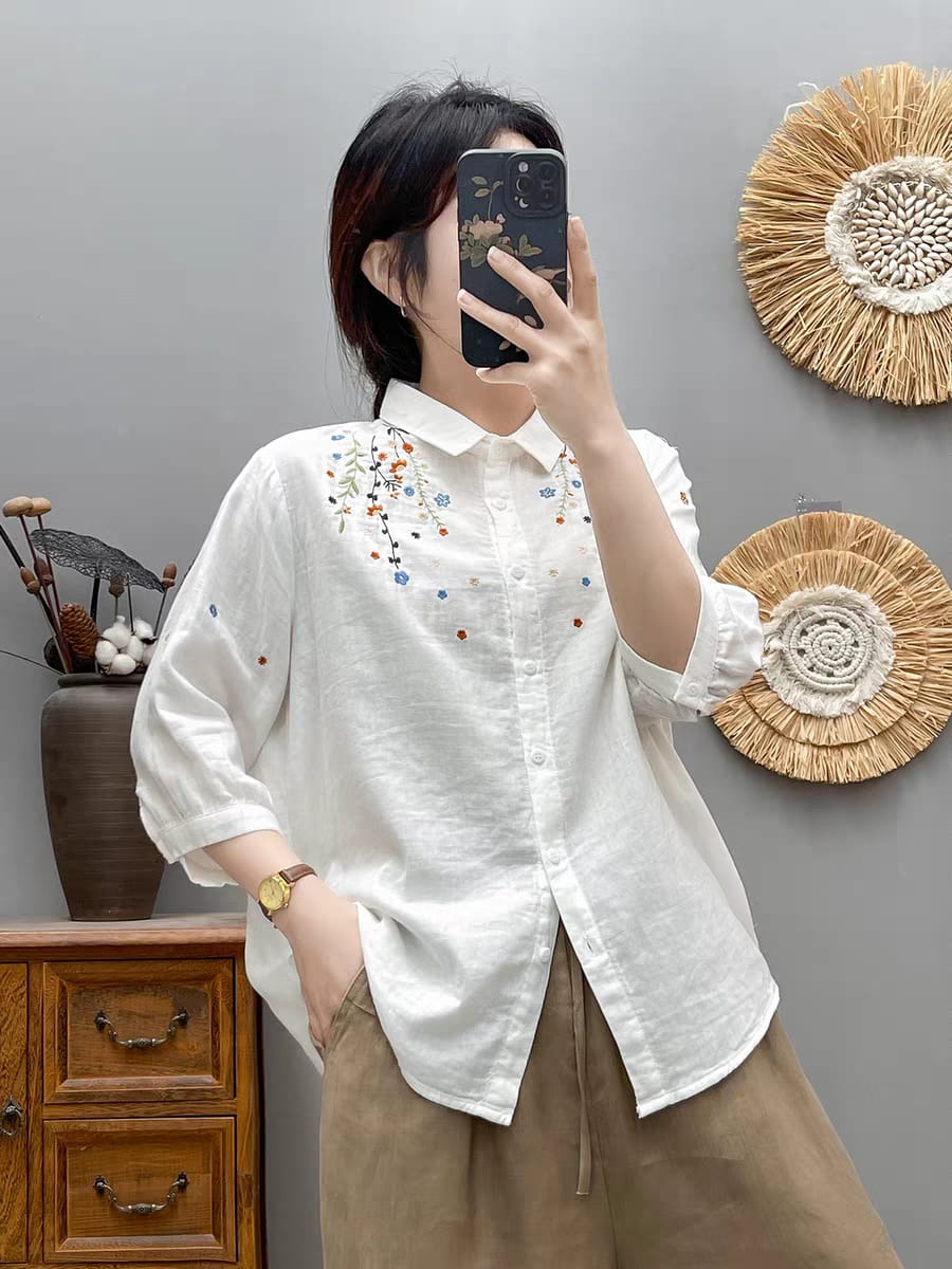 Blossom Breeze Embroidered Cotton Shirt