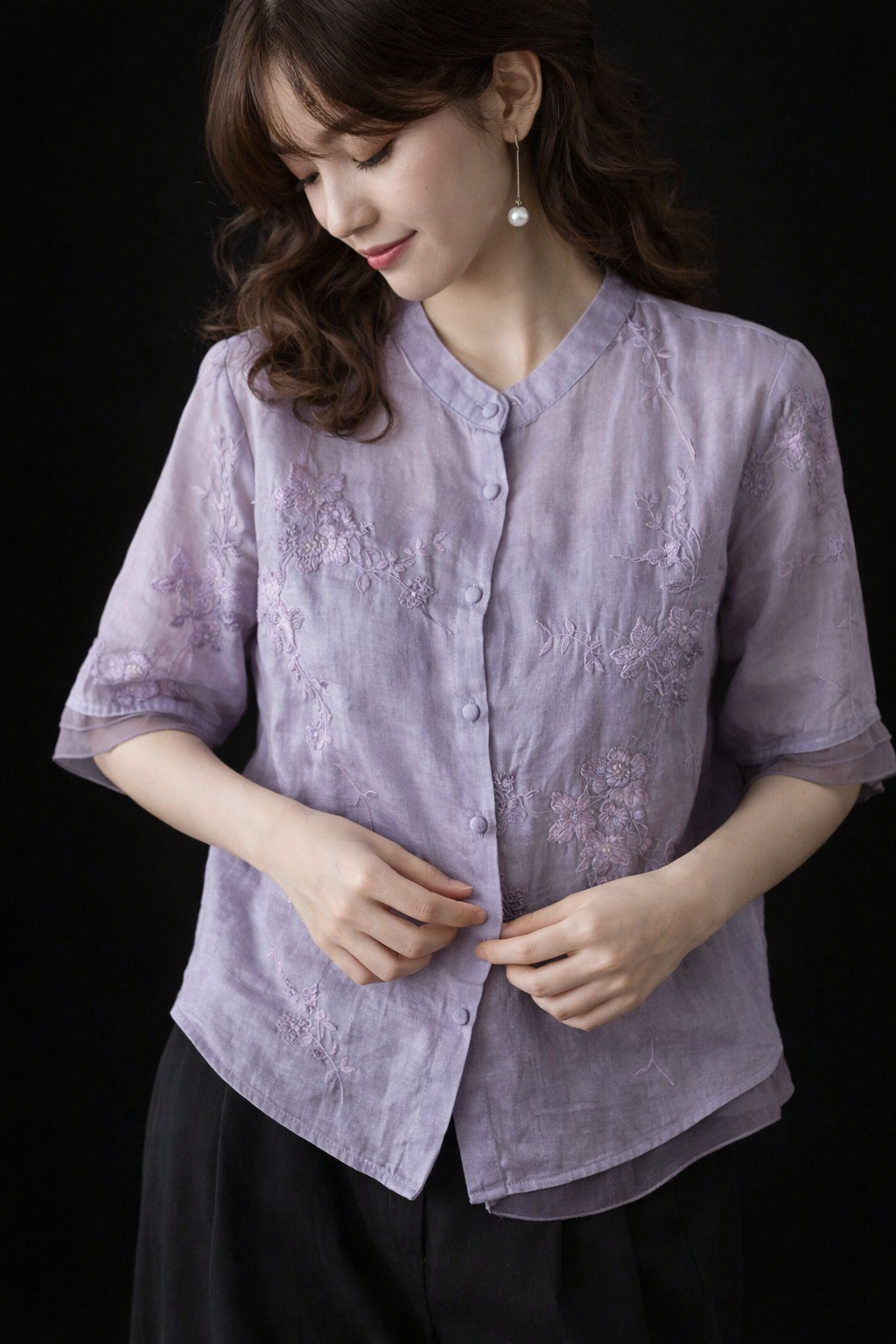 Lilac Breeze Embroidered Organza-Layered Top
