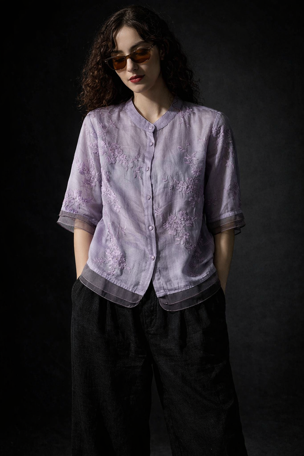 Lilac Breeze Embroidered Organza-Layered Top