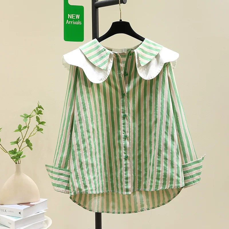 Elegant Green Striped Collar Shirt