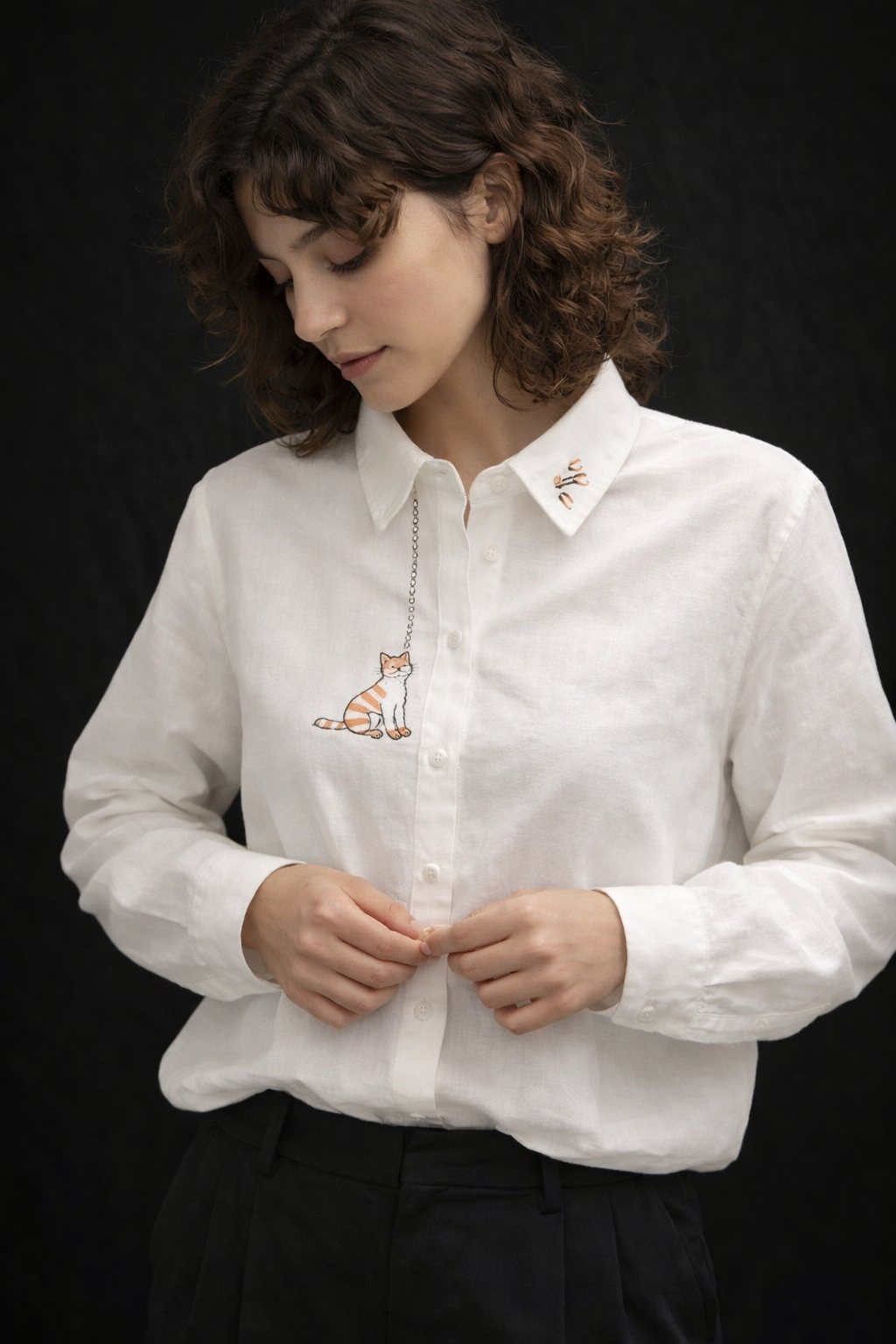 Whiskered Mischief Embroidered Cat Shirt