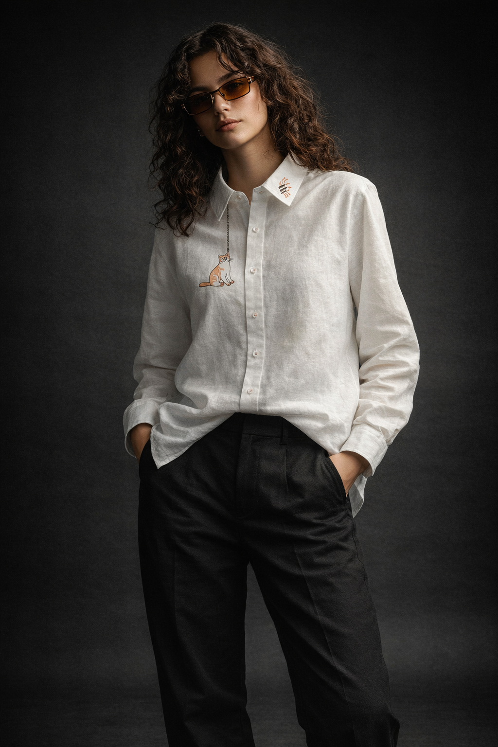 Whiskered Mischief Embroidered Cat Shirt