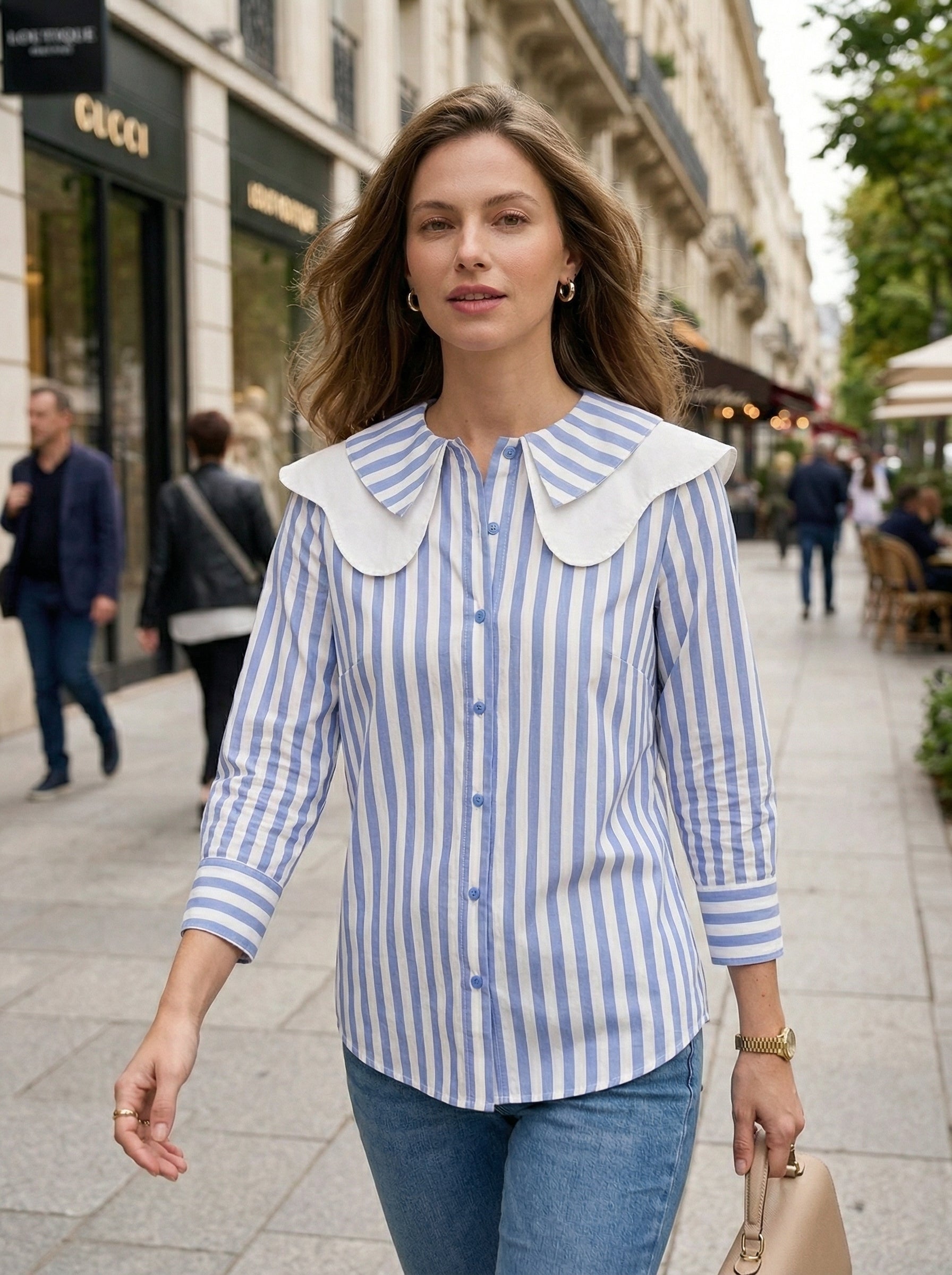 Elegant Blue Striped Collar Shirt