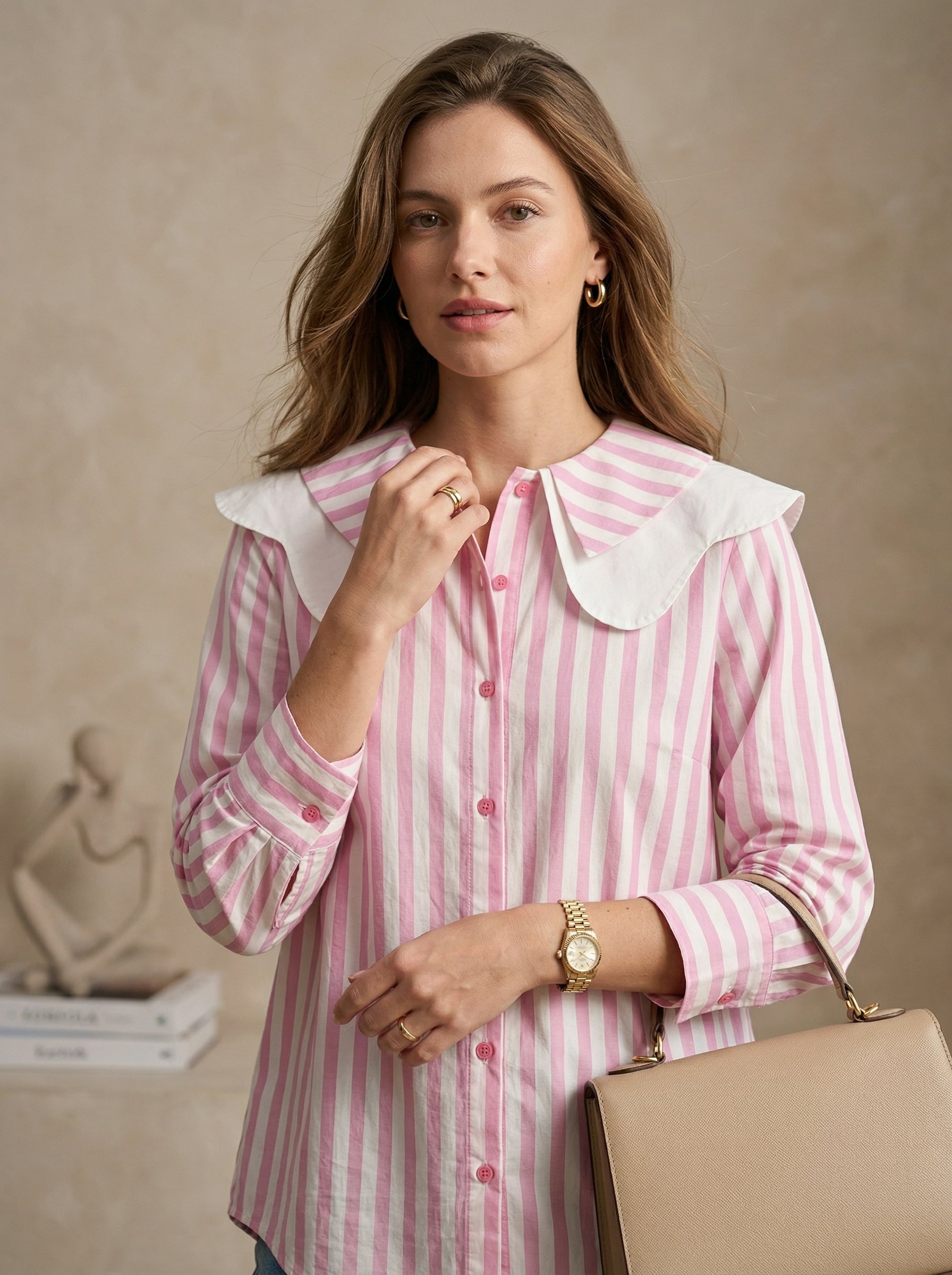 Elegant Pink Striped Collar Shirt