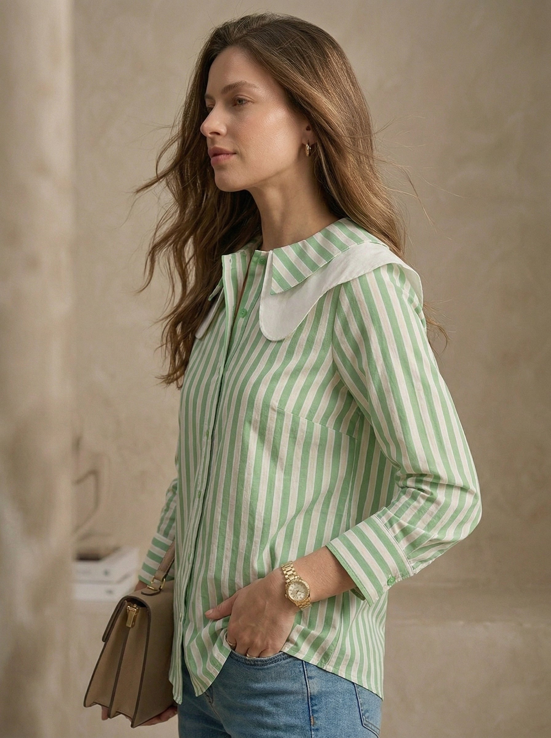 Elegant Green Striped Collar Shirt
