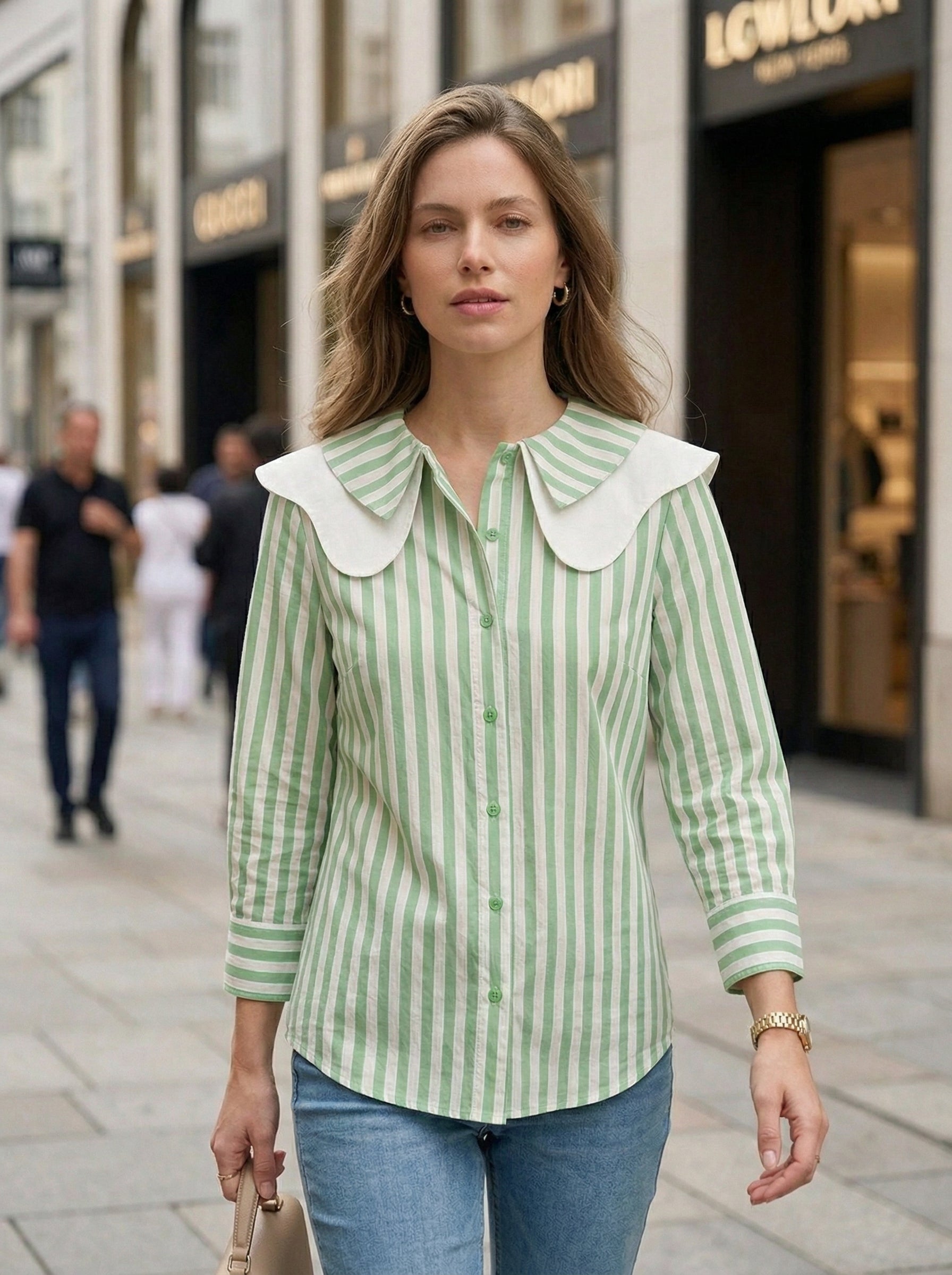 Elegant Green Striped Collar Shirt