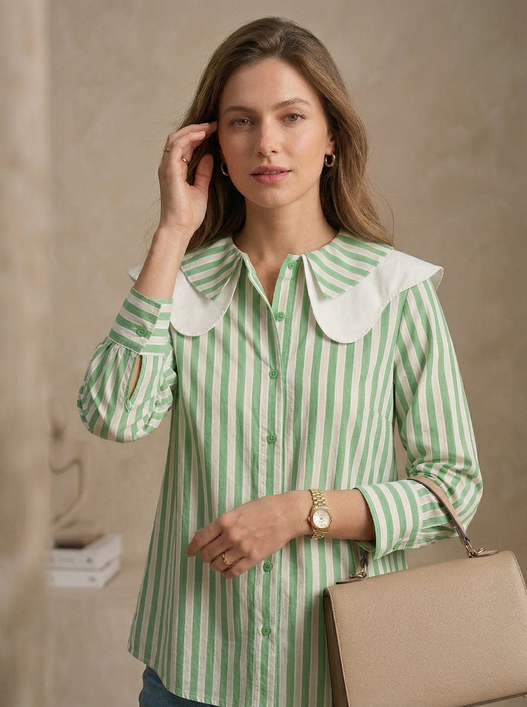 Elegant Green Striped Collar Shirt