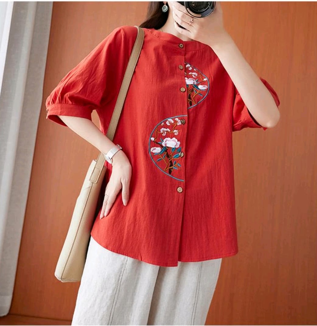 Rust Bloom Embroidered Cotton Top
