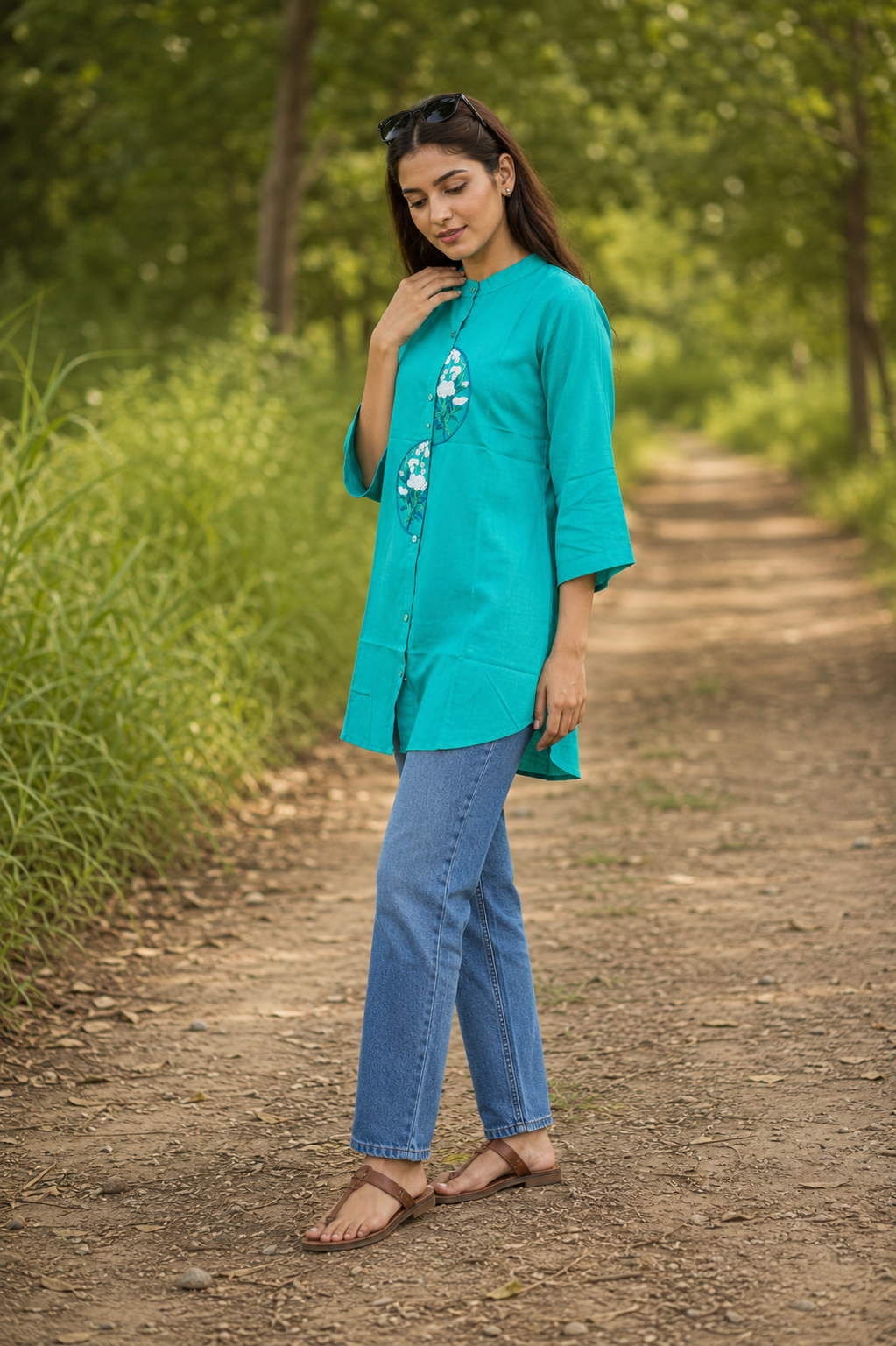 Aqua Bloom Embroidered Cotton Top