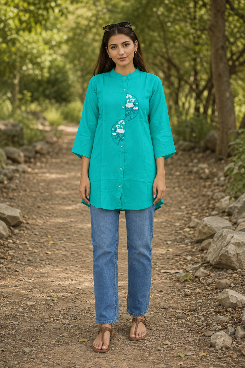 Aqua Bloom Embroidered Cotton Top