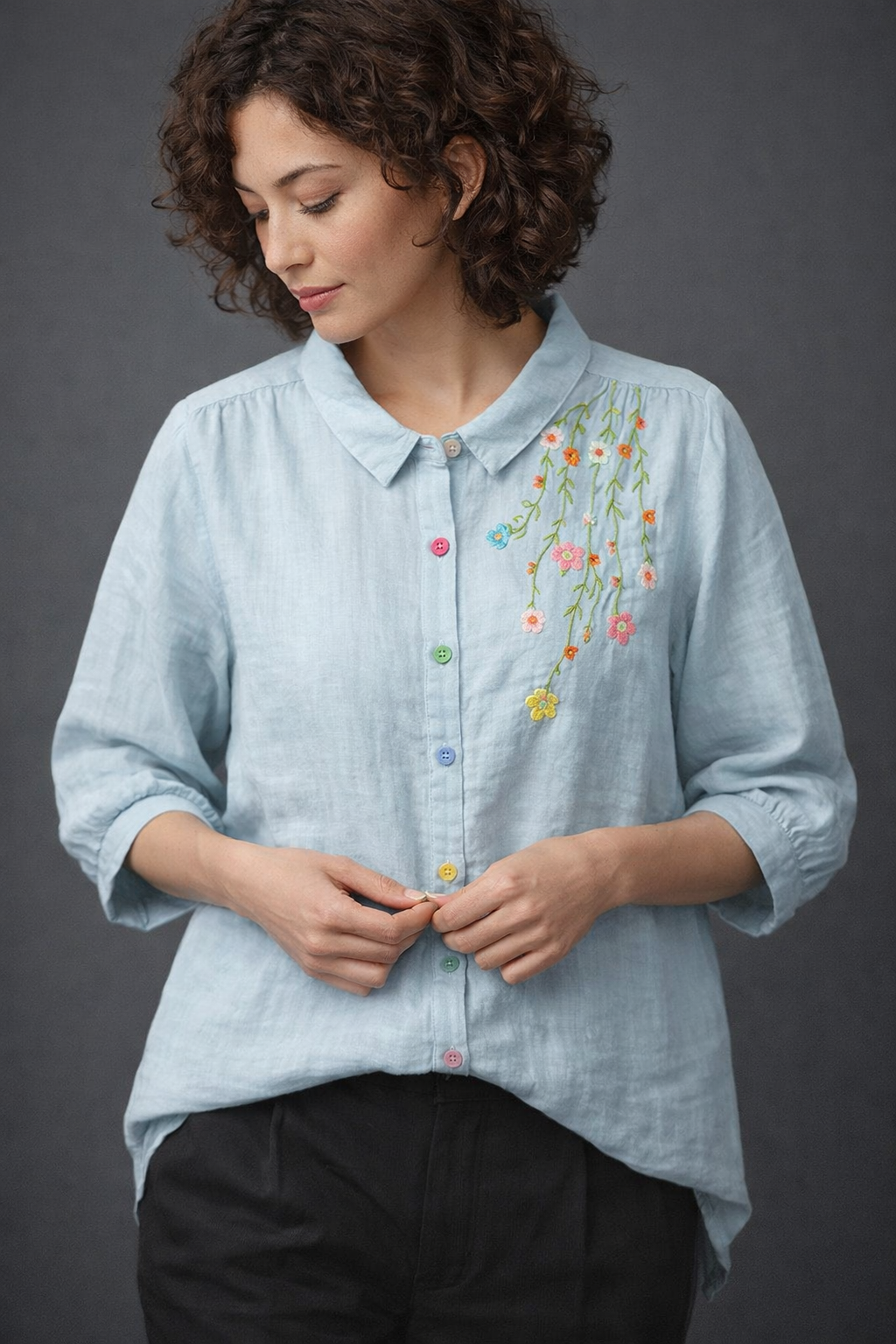 Meadow Mist Shirt  Playful Elegance in Pastel Stitches