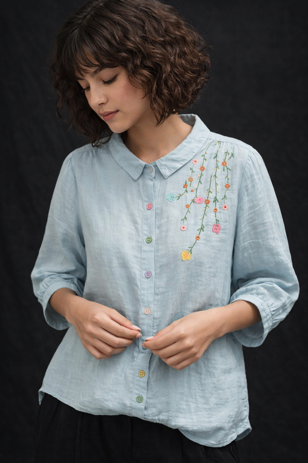 Meadow Mist Shirt  Playful Elegance in Pastel Stitches