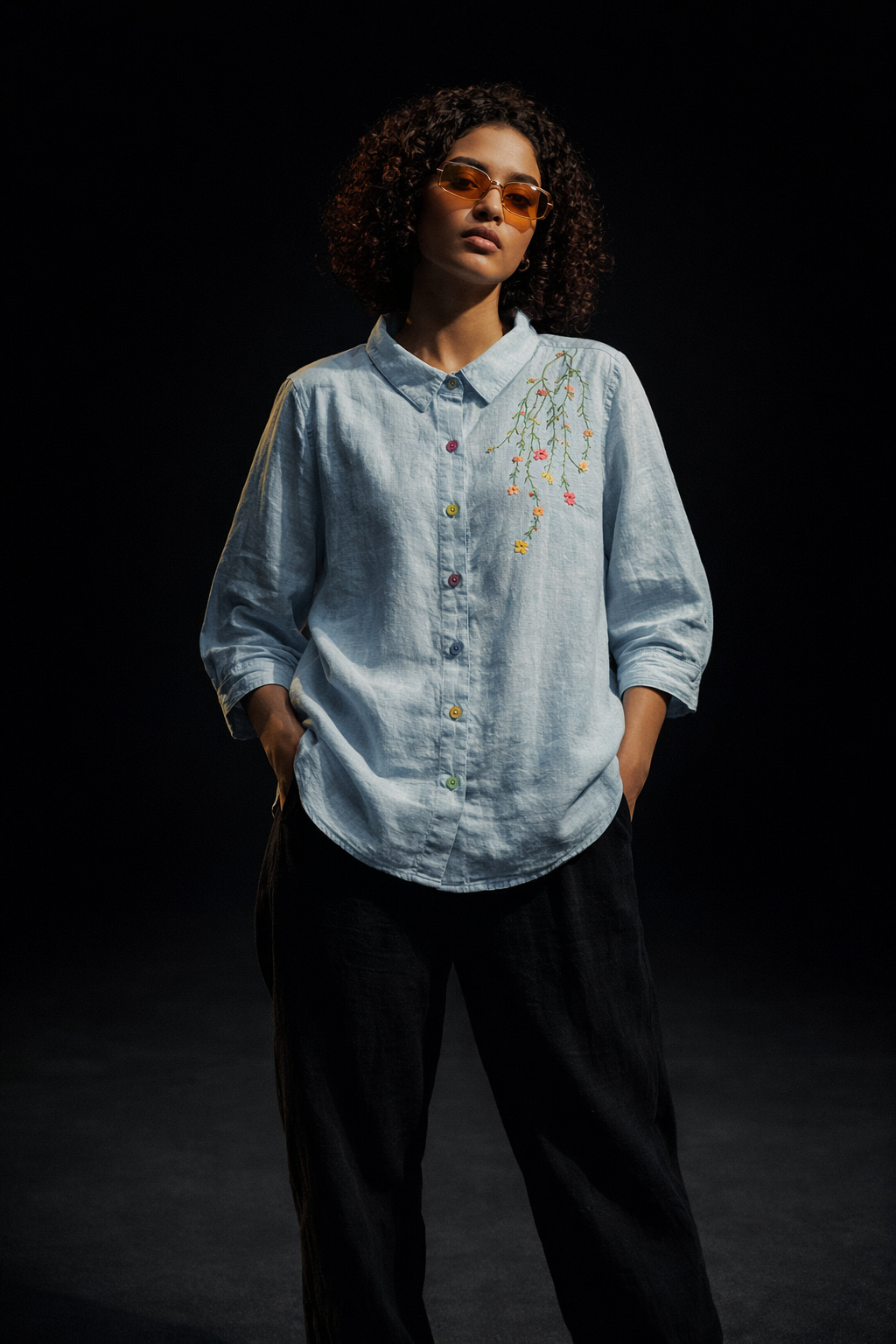 Meadow Mist Shirt  Playful Elegance in Pastel Stitches