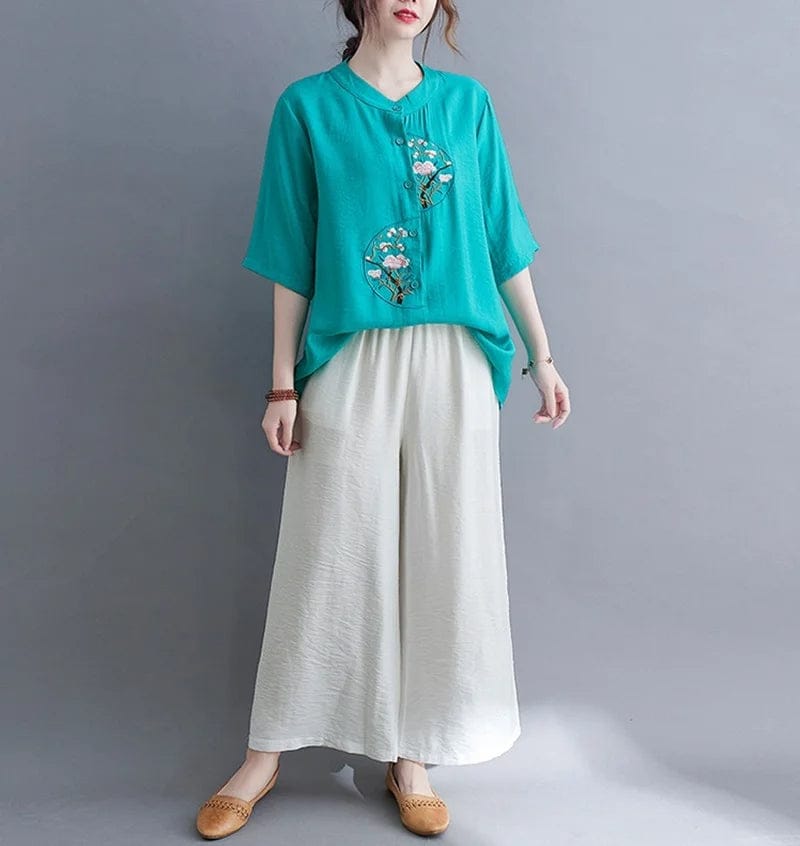 Aqua Bloom Embroidered Cotton Top