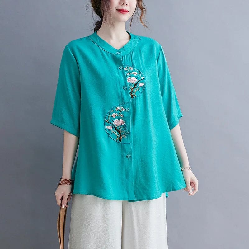 Aqua Bloom Embroidered Cotton Top