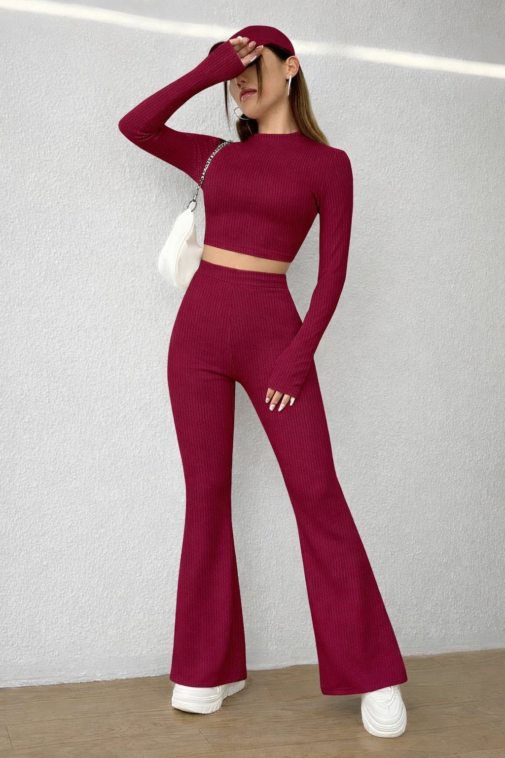 Wine Ribbed Flare Co-Ord Set – Bold Elegance