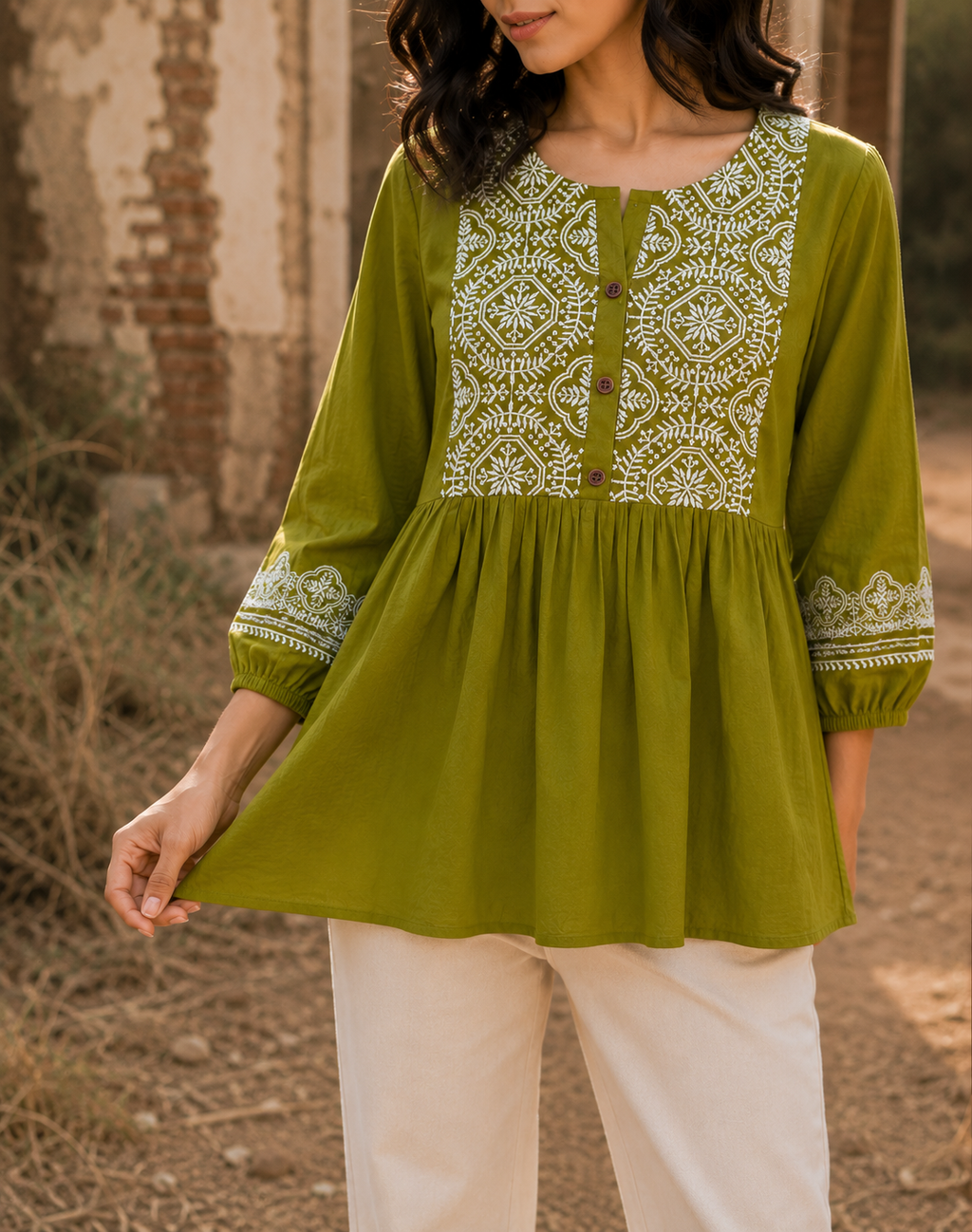 Olive Heritage Embroidery Tunic Top