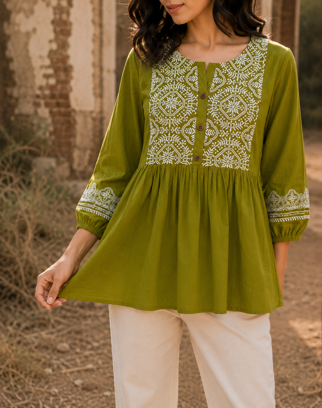 Olive Heritage Embroidery Tunic Top