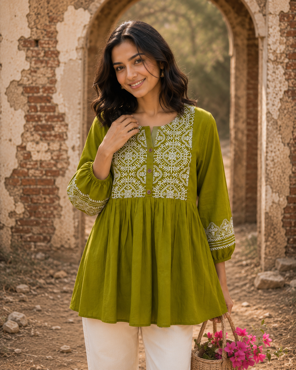 Olive Heritage Embroidery Tunic Top