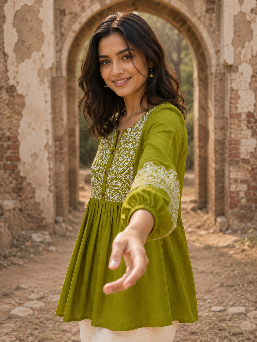 Olive Heritage Embroidery Tunic Top