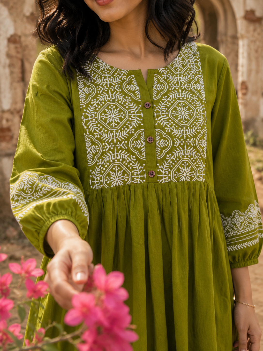Olive Heritage Embroidery Tunic Top