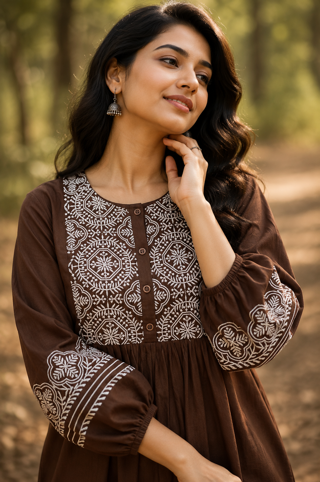 Mocha Heritage Embroidery Tunic Top
