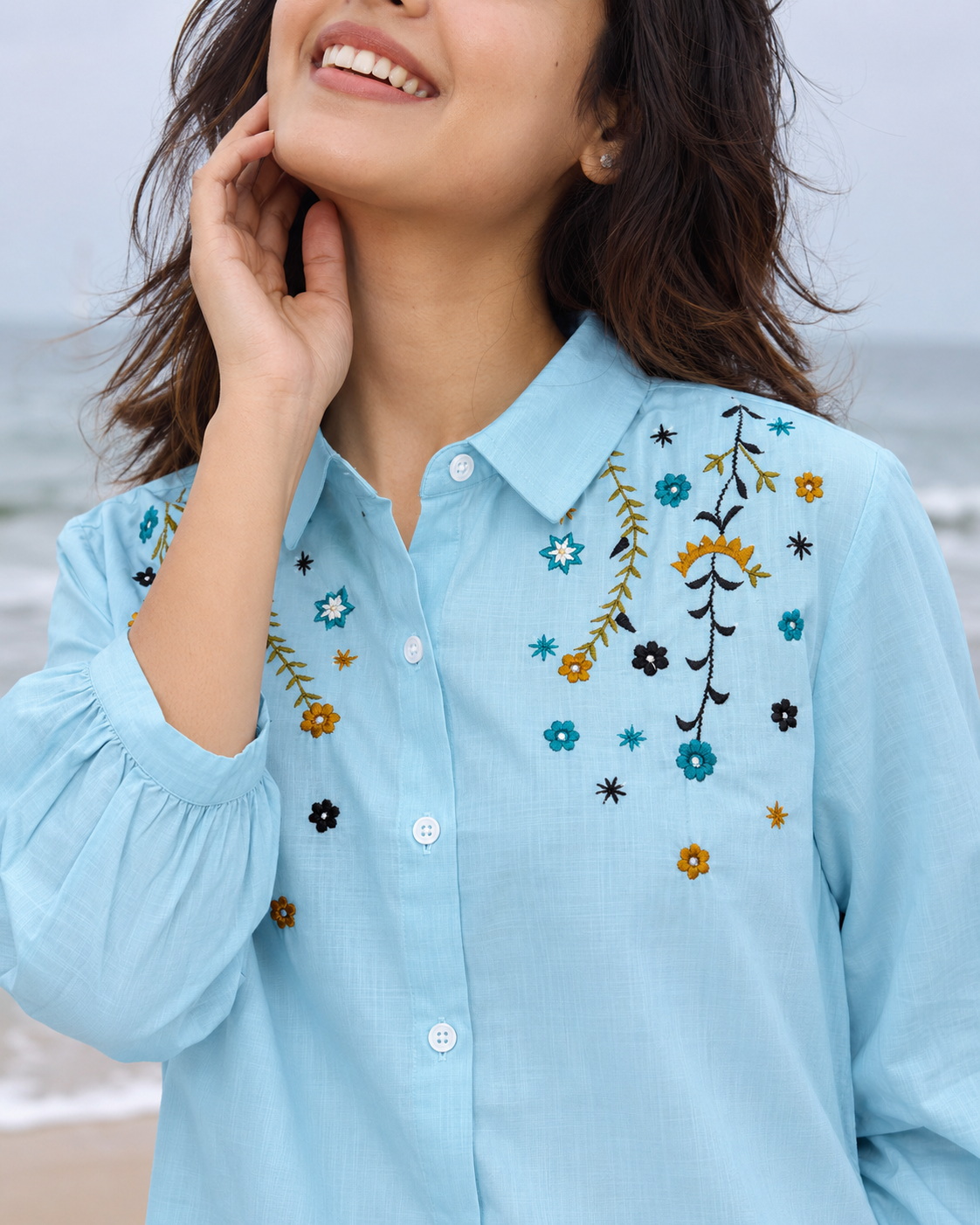 Blossom Breeze Embroidered Cotton Shirt