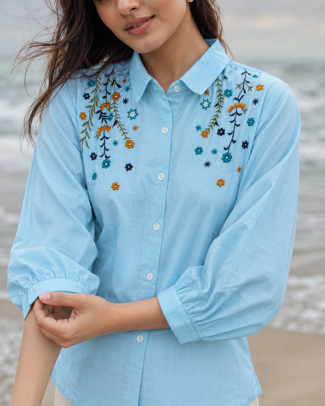 Blossom Breeze Embroidered Cotton Shirt