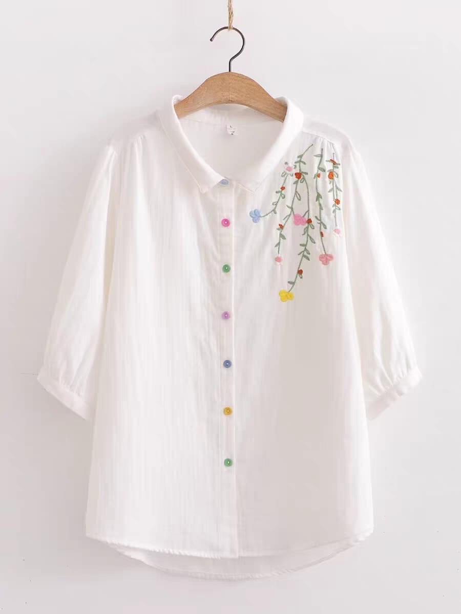 Meadow Mist Shirt  Playful Elegance in Pastel Stitches